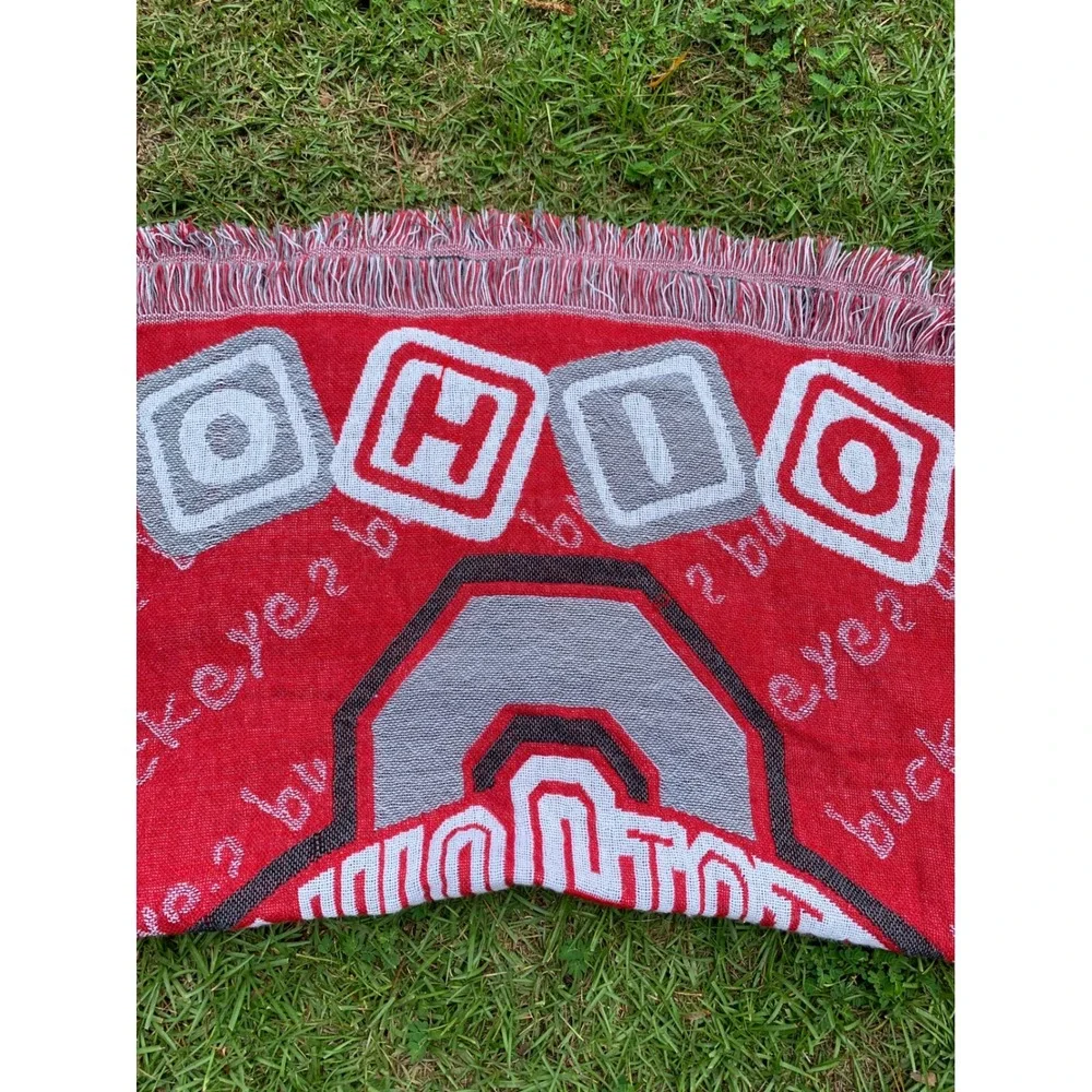 Vintage Ohio State Buckeyes Throw Blanket Woven Fringe Tapestry College 35x46